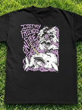Y2K avant-garde narwhal flame pattern black unisex loose fit T-shirt.